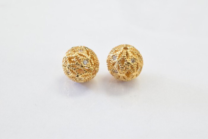 10mm Round Ball 18k Gold Filled Micro Pave Beads with Clear CZ Cubic Zirconia, 18K Gold Filled Findings For Jewelry Making...