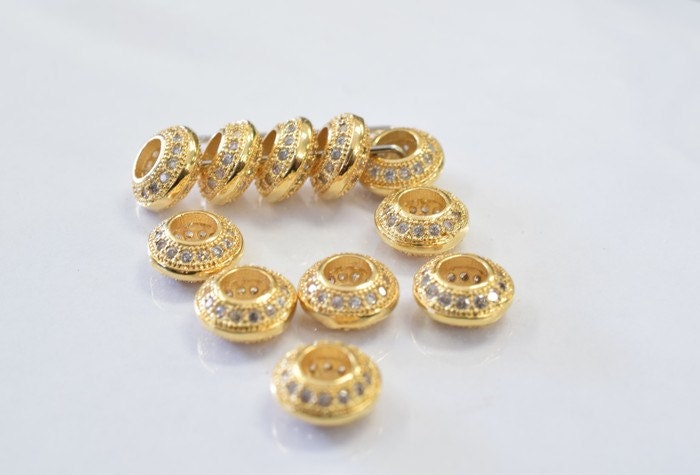18k 8mm Roundel Gold Filled Micro Pave Beads with Clear Cubic Zirconia jewelry making supplies