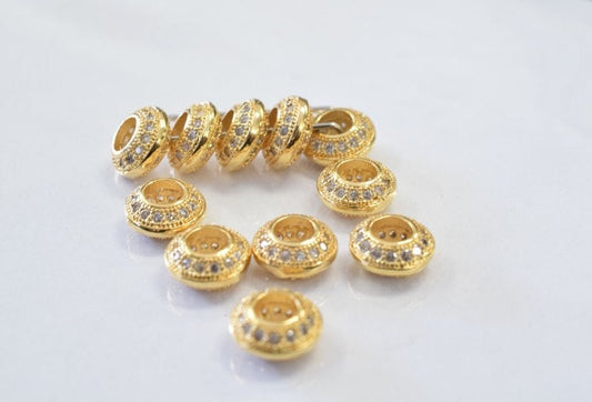 18k 8mm Roundel Gold Filled Micro Pave Beads with Clear Cubic Zirconia jewelry making supplies
