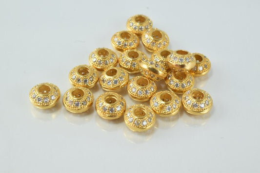 18k 8mm Roundel Gold Filled Micro Pave Beads with Clear Cubic Zirconia jewelry making supplies - detail image 2