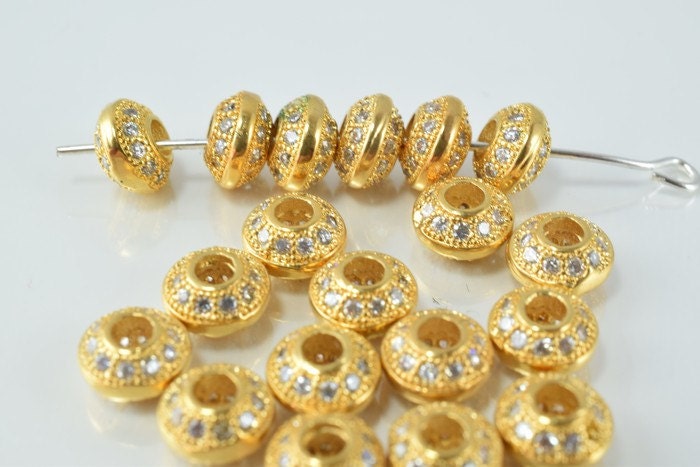 18k 8mm Roundel Gold Filled Micro Pave Beads with Clear Cubic Zirconia jewelry making supplies - detail image 5