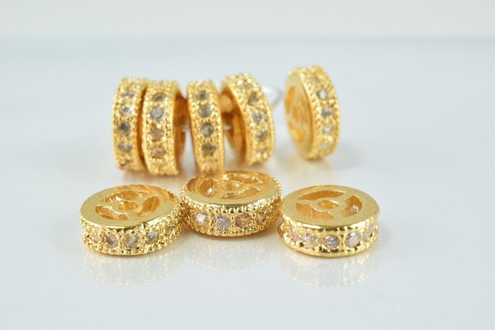 14k 9mm Roundel Gold Filled Look, EP Micro Pave Beads Clear CZ Cubic Zirconia jewelry making supplies - detail image 2