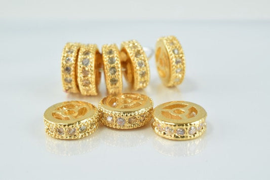 14k 9mm Roundel Gold Filled Look, EP Micro Pave Beads Clear CZ Cubic Zirconia jewelry making supplies - detail image 2