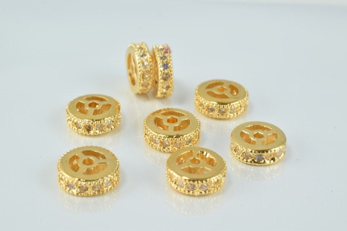 14k 9mm Roundel Gold Filled Look, EP Micro Pave Beads Clear CZ Cubic Zirconia jewelry making supplies - detail image 3
