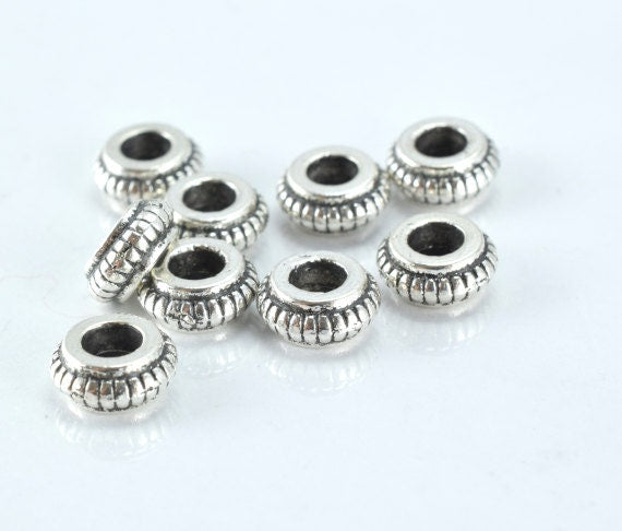 7mm Antique Ribbed Silver Metal Beads, Black Accent Detailed Design Sold by 1 pack of 25pcs, 2mm hole opening jewelry maki...