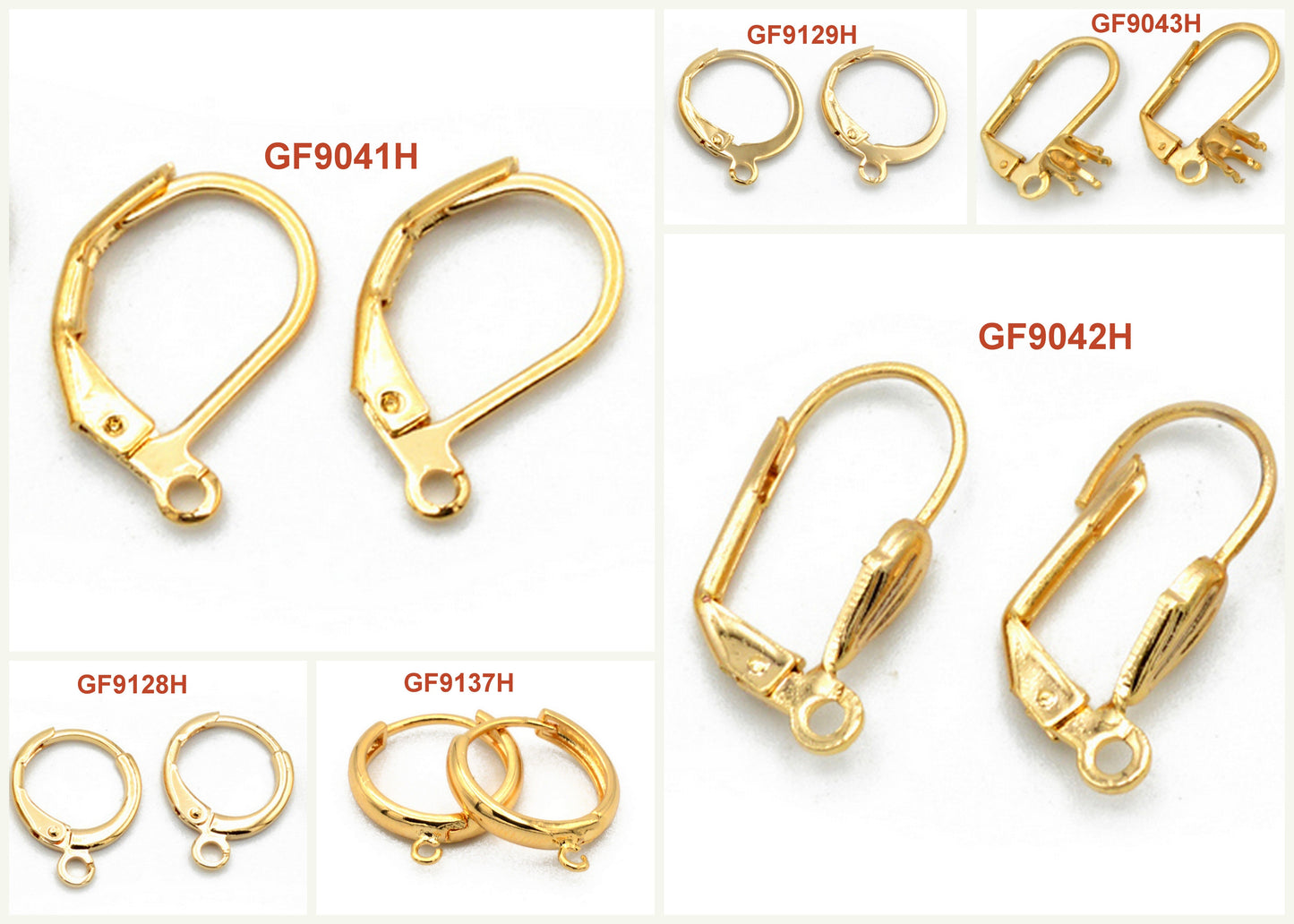 Gold leverback earring findings assortment GF9041H GF9129H GF9137H GF9043H GF9042H GF9128H.