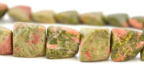 Square Unakite Beads, Sold by 1 strand of 25pcs, 16mm, 1mm hole opening, 102.2grams/pk - BeadsFindingDepot