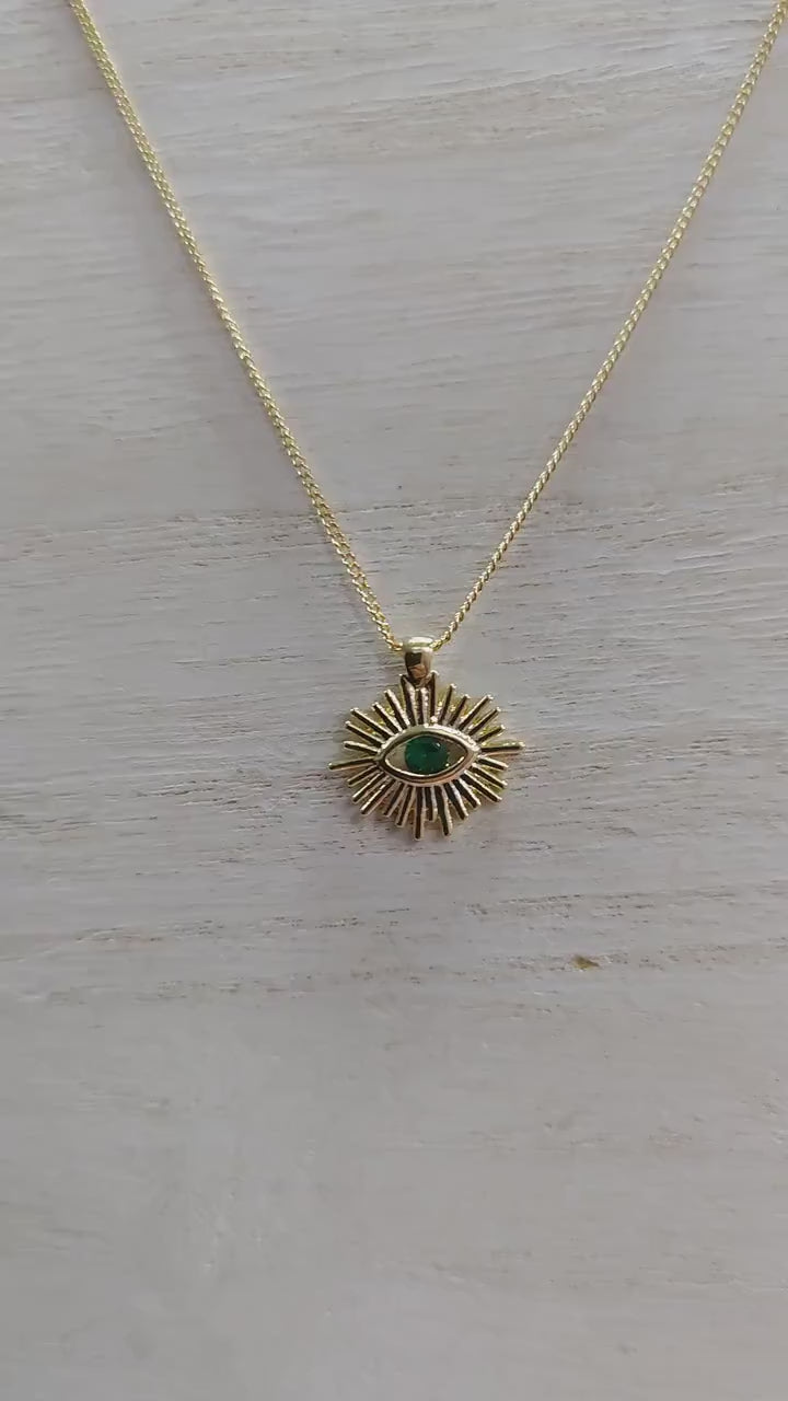Evil Eye Sun Pendant 14K Gold Filled Look, Multicolor CZ Stones (16mm, Tarnish Resistant, Copper Base Metal Charm)