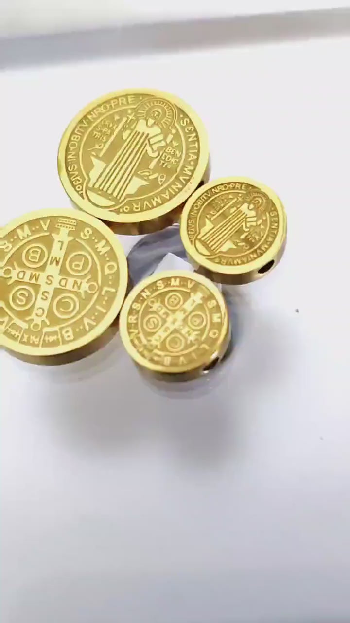 Saint Benedict Gold Slider Beads, Faith Symbol Charms (10mm & 15mm, Gold Stainless Steel, Durable for Bracelets)