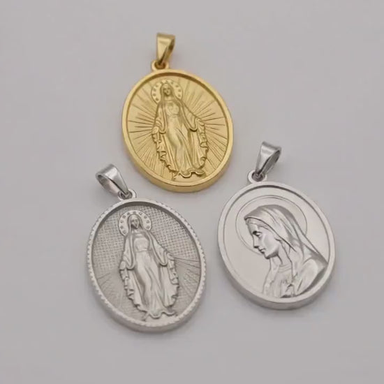 Stainless Steel Virgin Mary Medal Charms, Large Oval Religious Pendants in Gold or Silver Tone for Rosary and Jewelry Making