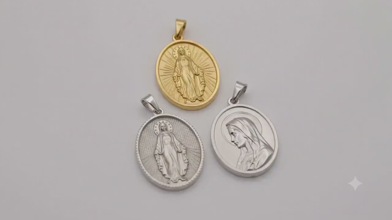 Stainless Steel Virgin Mary Medal Charms, Large Oval Religious Pendants in Gold or Silver Tone for Rosary and Jewelry Making