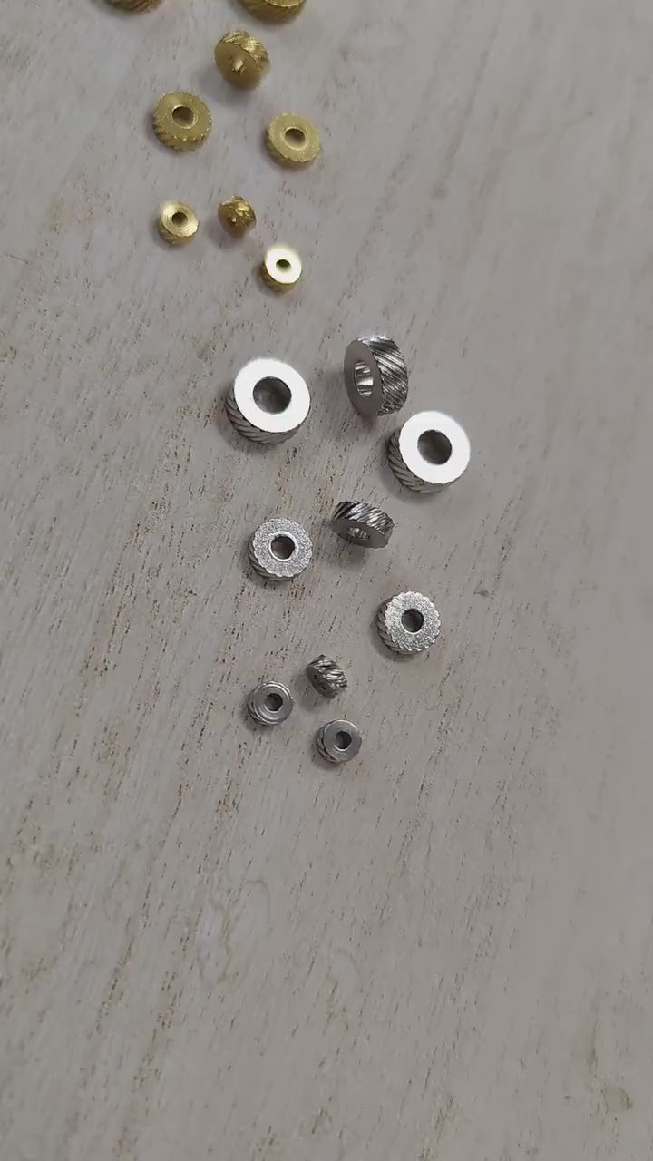 Diamond Cut Diagonal Spacer Beads - Roundel Shape Jewelry Components - Striped Edges, Stainless Steel, Craft Supplies 12 PCs/Bag