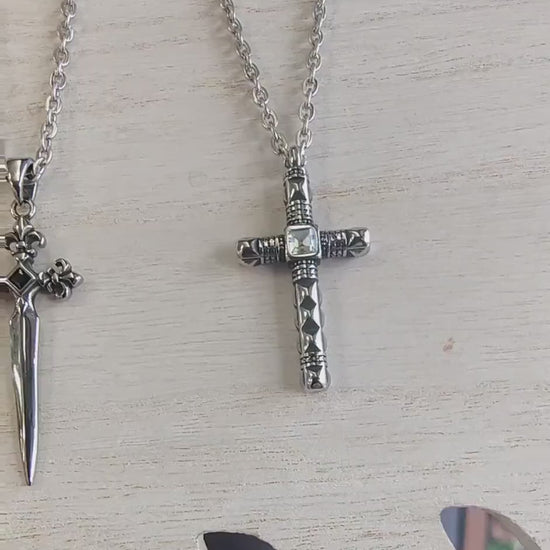Dagger Style Pendant - Baroque Cross Charm, Sharp Gothic Detailing - Stainless Steel, Unisex Gift Jewelry
