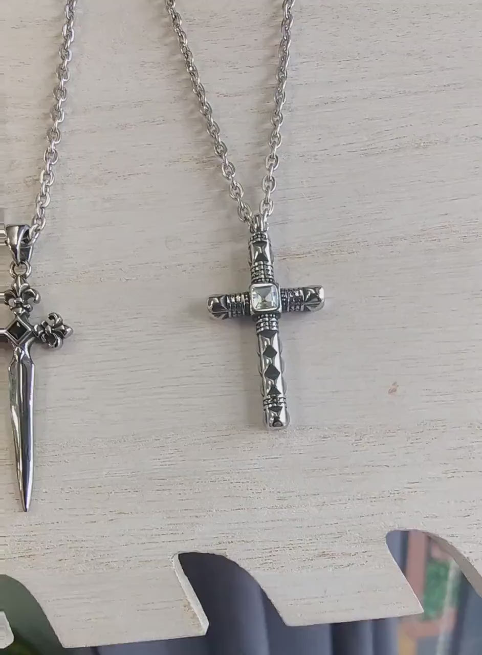 Dagger Style Pendant - Baroque Cross Charm, Sharp Gothic Detailing - Stainless Steel, Unisex Gift Jewelry