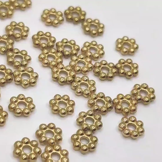 Gold Daisy Roundel Spacer Beads: Floral Motif Accent Beads, Textured Stainless Steel (4mm & 6mm, Jewelry Components)