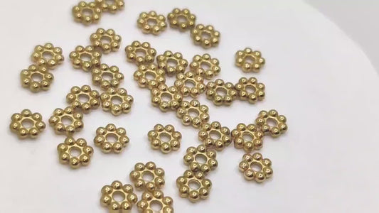 Gold Daisy Roundel Spacer Beads: Floral Motif Accent Beads, Textured Stainless Steel (4mm & 6mm, Jewelry Components)