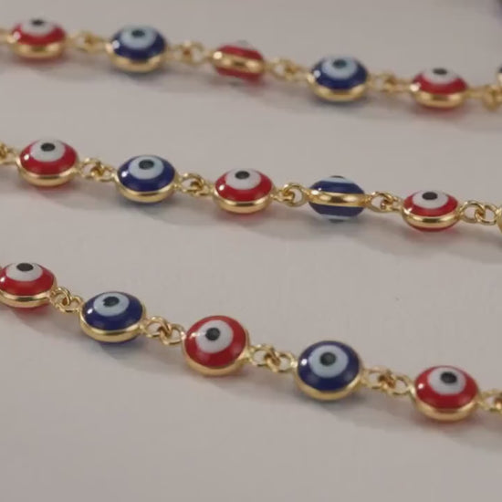 Gold Evil Eye Stainless Steel Chain, Red Blue Charm Links by Yard, Protection Jewelry Supply, Wholesale 10 Yds