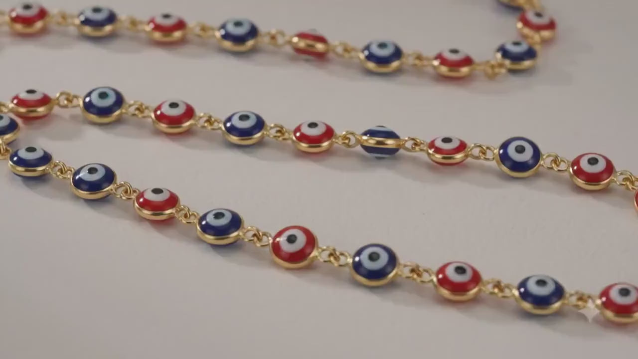 Gold Evil Eye Stainless Steel Chain, Red Blue Charm Links by Yard, Protection Jewelry Supply, Wholesale 10 Yds