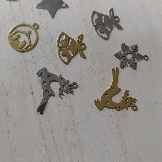 Festive Stainless Steel Charms  Holiday and Christmas collection tree snowflake bells star reindeer nativity scene 6pcs/pk...
