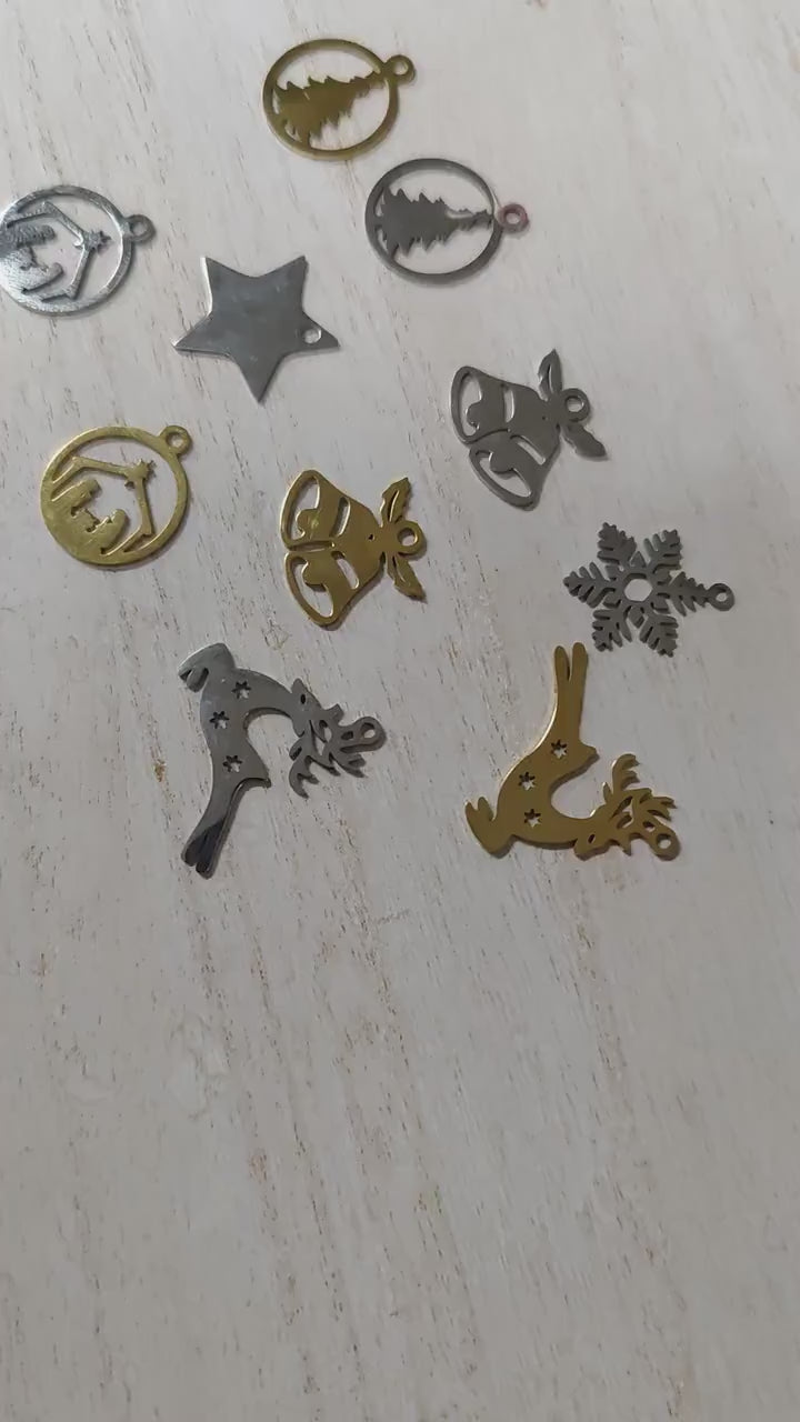Festive Stainless Steel Charms  Holiday and Christmas collection tree snowflake bells star reindeer nativity scene 6pcs/pk...