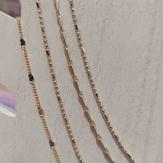 18K Tarnish Resistant Gold Chain Jewelry, Saturn Beaded Barleycorn Link- Heart Cuban - Beaded Tube Cable by Foot