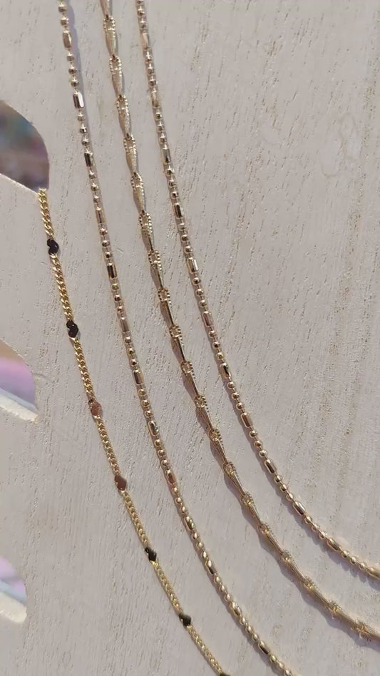18K Tarnish Resistant Gold Chain Jewelry, Saturn Beaded Barleycorn Link- Heart Cuban - Beaded Tube Cable by Foot