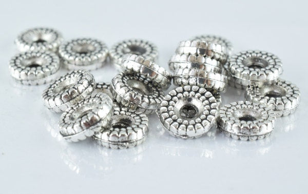 9m Detailed Ribbed Antique Silver Alloy Metal Beads 20pcs/PK, 11grams/pk, 3m bead thickness 2m hole
