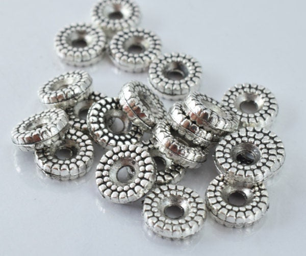 9m Detailed Ribbed Antique Silver Alloy Metal Beads 20pcs/PK, 11grams/pk, 3m bead thickness 2m hole