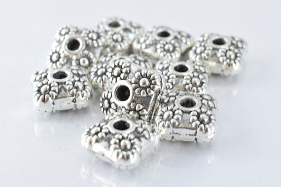 11m Square Antique Silver Alloy Floral Spacer Finding Beads with center 3mm hole opening, Sold by 1 pack of 10pcs, 5mm bead thickness.