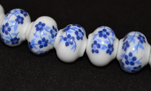 12mmx15mm Beautiful Painted Porcelain Japanese Floral Beads 1 strand of 17, 2mm hole opening, 53grams/pk