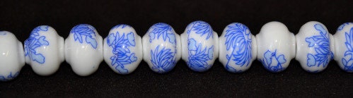 12 x15mm Blue Floral Painted Beautiful Painted Porcelain Japanese Beads 1 strand of 17Pcs 2mm hole Size 53grams/pk