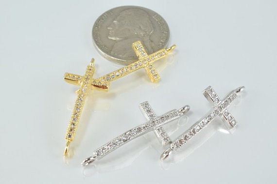 18K Gold & White Gold Filled Cross Connectors, Clear CZ Micro Pave Bead Charms for Jewelry Making BeadsFindingDepot
