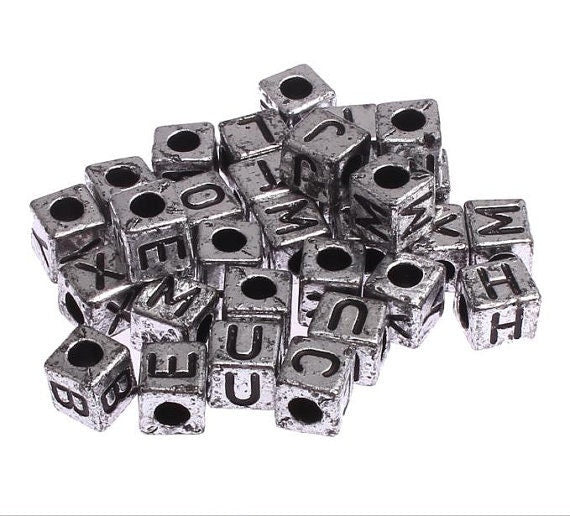 Alphabet Letters acrylic antique silver Color plastic beads size 7mm with large hole Size 3mm Hole for jewelry making like bracelet ....etc