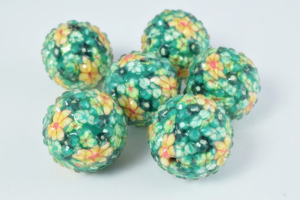 22mm Textured Floral Green Print Resin Wooden Round Beads, Wooden beads, Wholesale Bead, Basketball Wives Bead,Rhinestone Beads,Resin beads