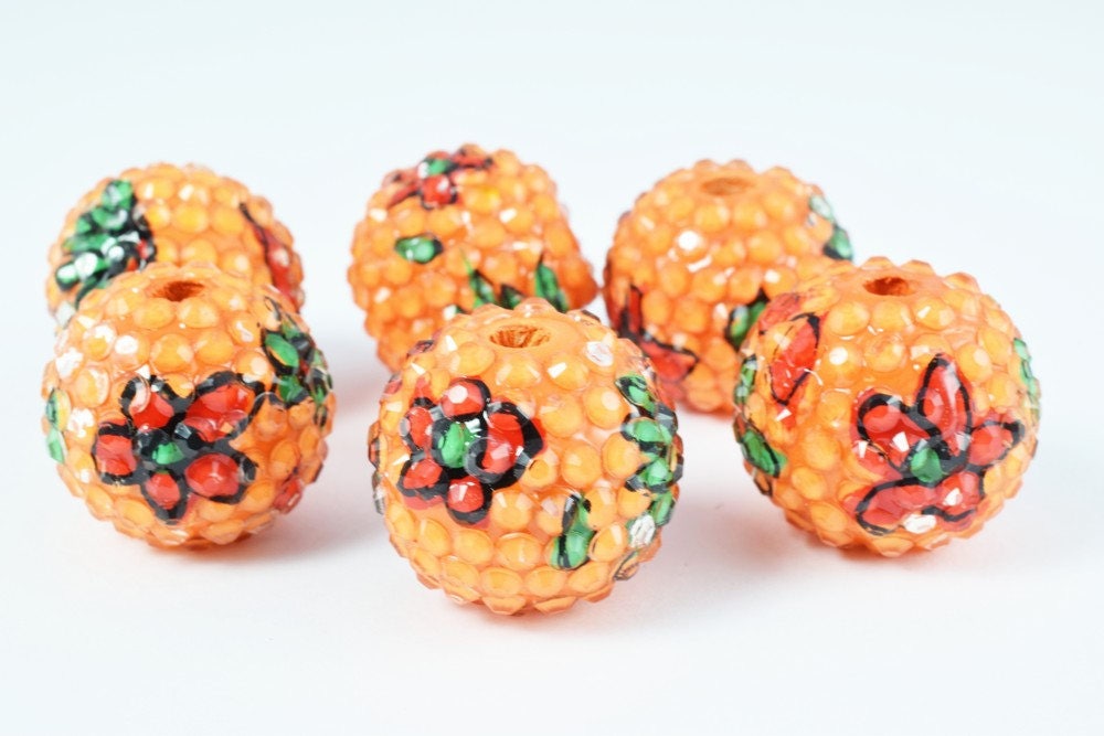 22mm Orange/Red Floral Resin Wooden Round Beads, Wooden beads, Wholesale Bead, Basketball Wives Bead,Rhinestone Beads,Resin beads