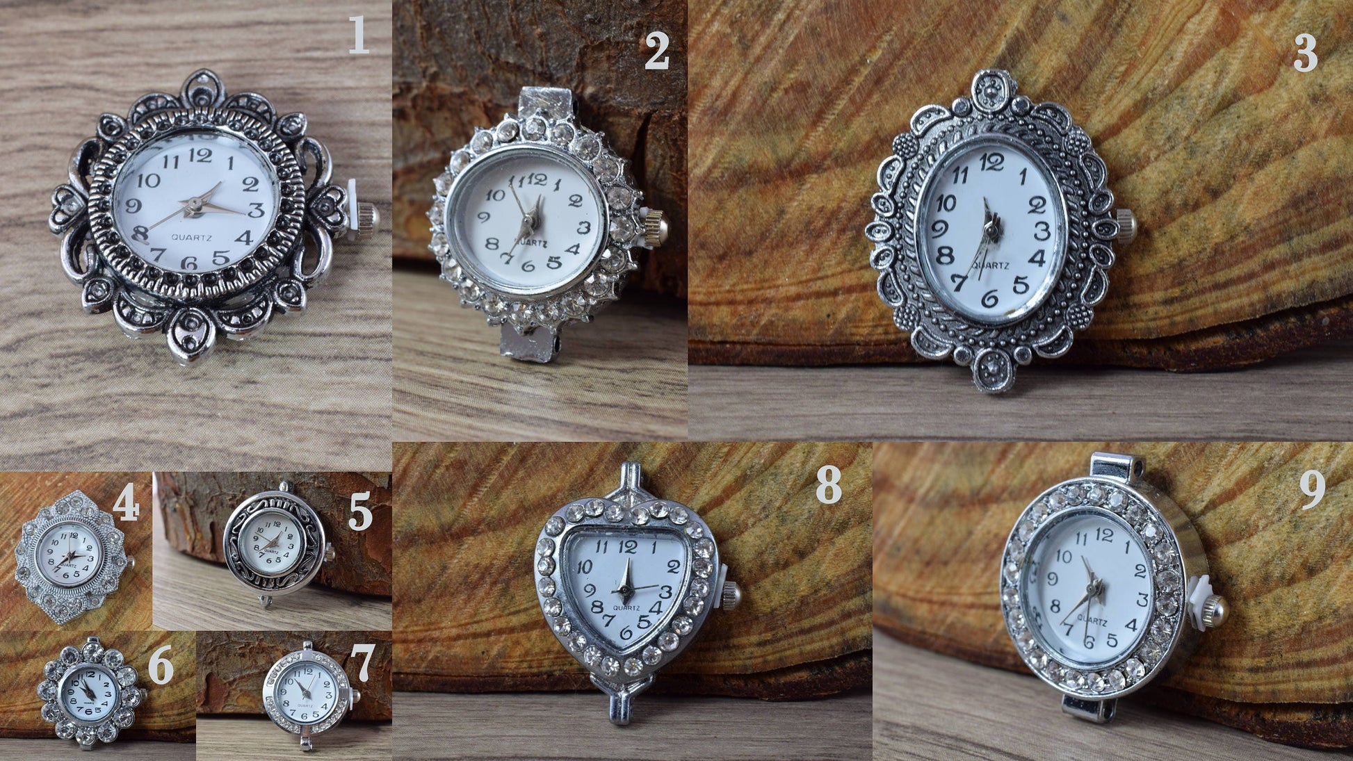 Mixed Sizes Silver Plated Antique Style Watch Face,Rhinestone Encrusted Watch Face, Unique Watches, Round Watch Face,Silver Watch Face