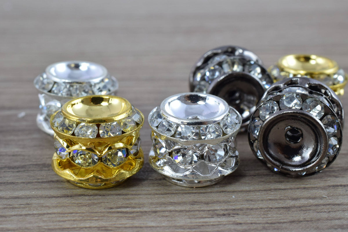 13x12mm Rondelle Gold/Silver/Hematite Plated Beads with Clear Rhinestones, Rondelle Spacer Beads, Metal Gold Spacer Beads