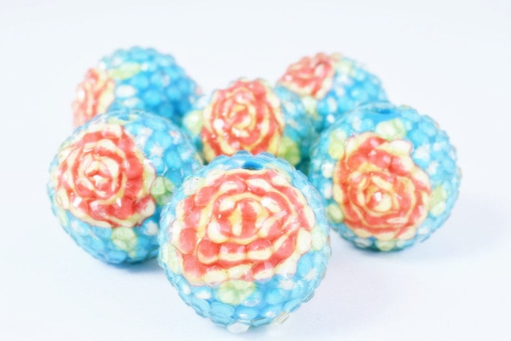22mm Blue Floral Resin Wooden Round Beads, Wooden beads, Wholesale Bead, Basketball Wives Bead,Rhinestone Beads,Resin beads