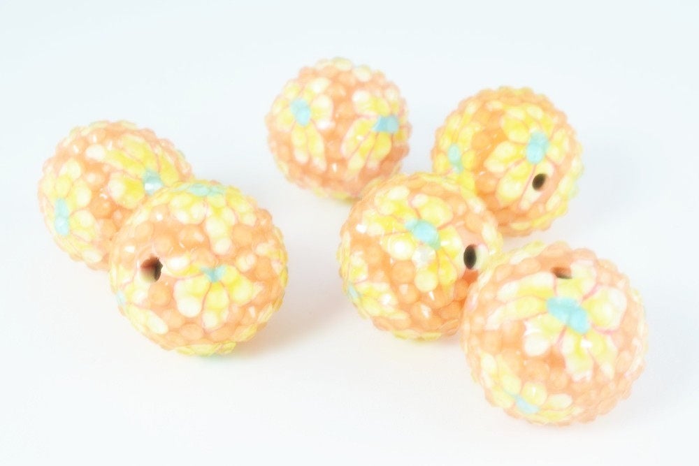 22mm Peach Color Floral Resin Wooden Round Beads, Wooden beads, Wholesale Bead, Basketball Wives Bead,Rhinestone Beads,Resin beads