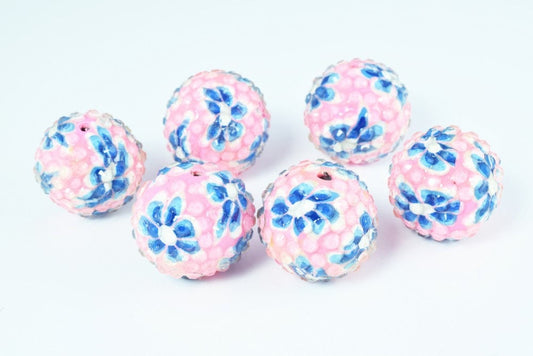 10 PCs 22mm Pink Flower Textured Resin Wooden Round Beads, Wooden beads, Wholesale Bead, Basketball Wives Bead,Rhinestone Beads,Resin beads