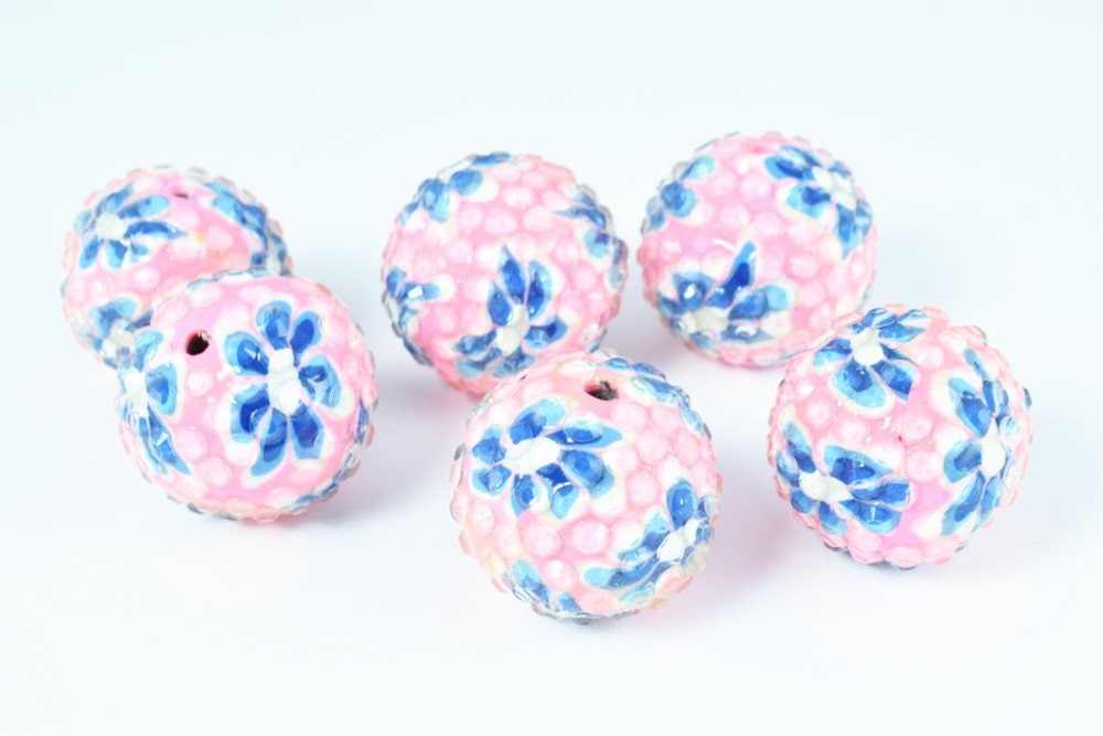 10 PCs 22mm Pink Flower Textured Resin Wooden Round Beads, Wooden beads, Wholesale Bead, Basketball Wives Bead,Rhinestone Beads,Resin beads