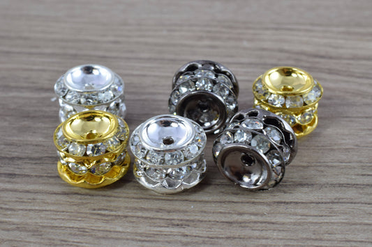 13x12mm Rondelle Gold/Silver/Hematite Plated Beads with Clear Rhinestones, Rondelle Spacer Beads, Metal Gold Spacer Beads