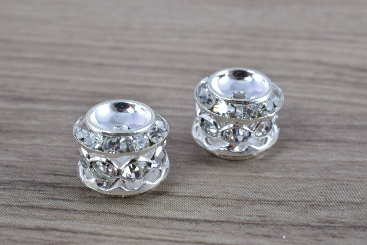 13x12mm Rondelle Gold/Silver/Hematite Plated Beads with Clear Rhinestones, Rondelle Spacer Beads, Metal Gold Spacer Beads