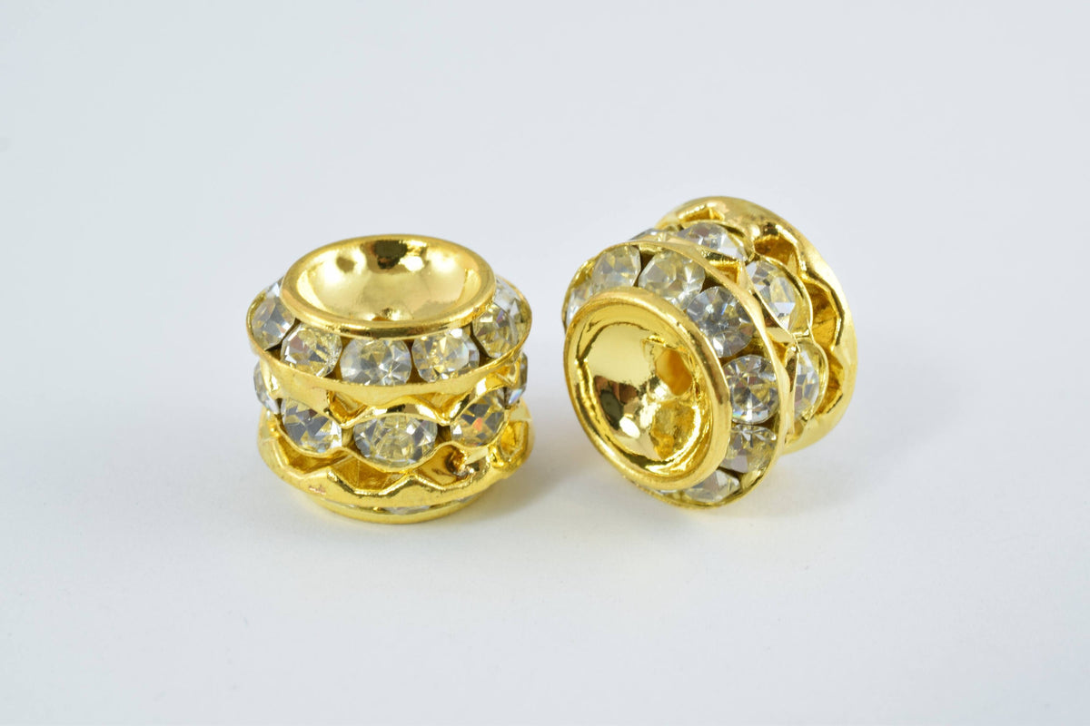 13x12mm Rondelle Gold/Silver/Hematite Plated Beads with Clear Rhinestones, Rondelle Spacer Beads, Metal Gold Spacer Beads