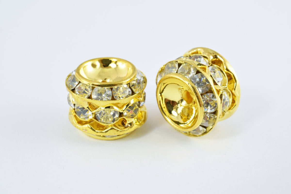 13x12mm Rondelle Gold/Silver/Hematite Plated Beads with Clear Rhinestones, Rondelle Spacer Beads, Metal Gold Spacer Beads