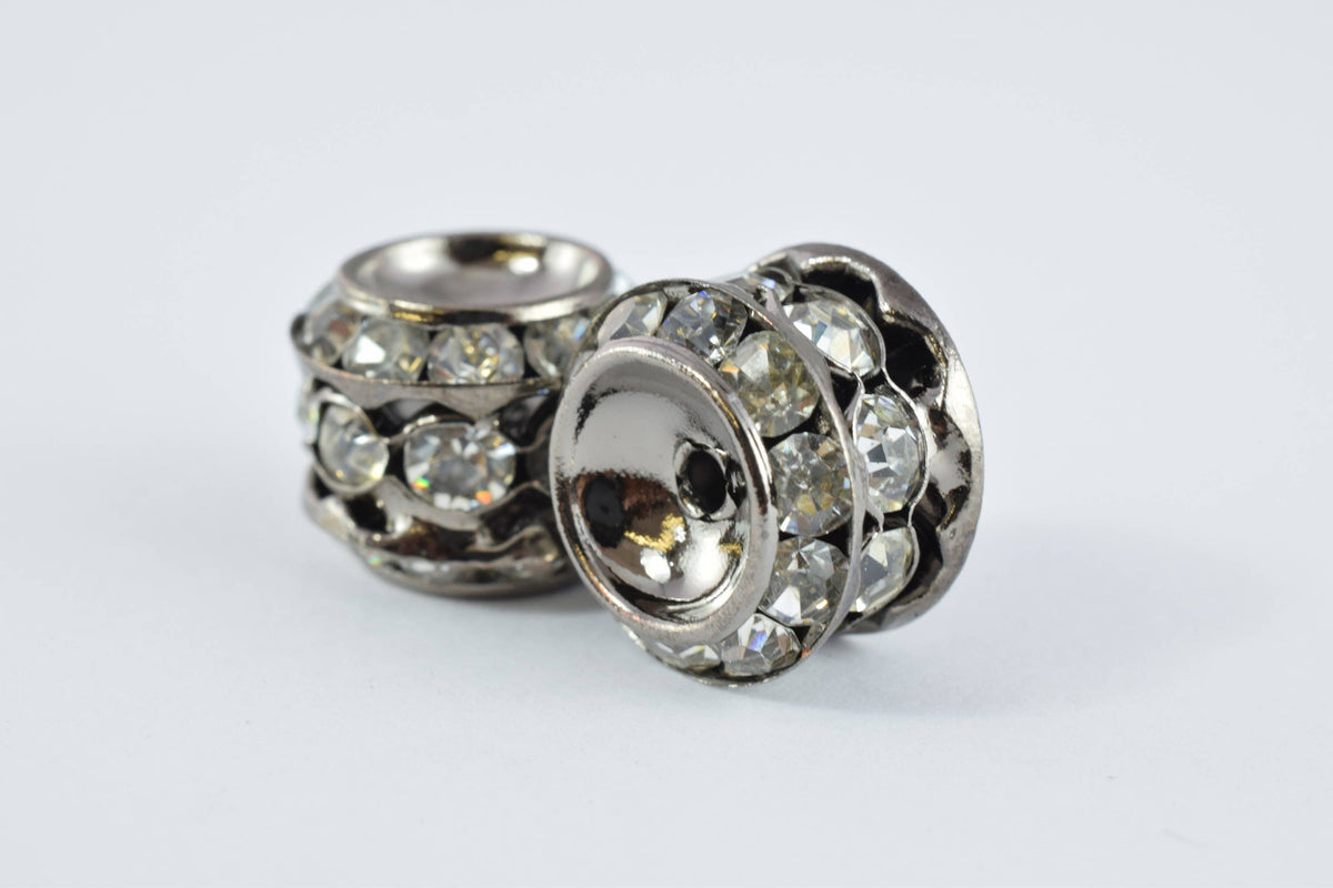 13x12mm Rondelle Gold/Silver/Hematite Plated Beads with Clear Rhinestones, Rondelle Spacer Beads, Metal Gold Spacer Beads