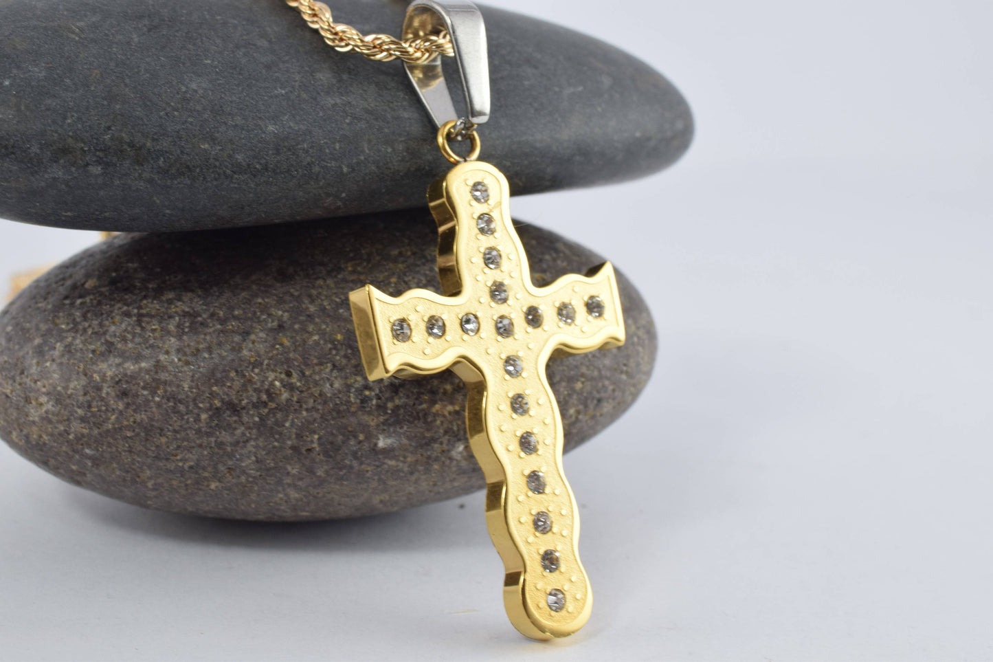 18K Gold Filled Cross Stainless Steel Pendants Cubic Zirconia Size 44x25mm, Christian Religious Charm Communion Baptism For Jewelry Making