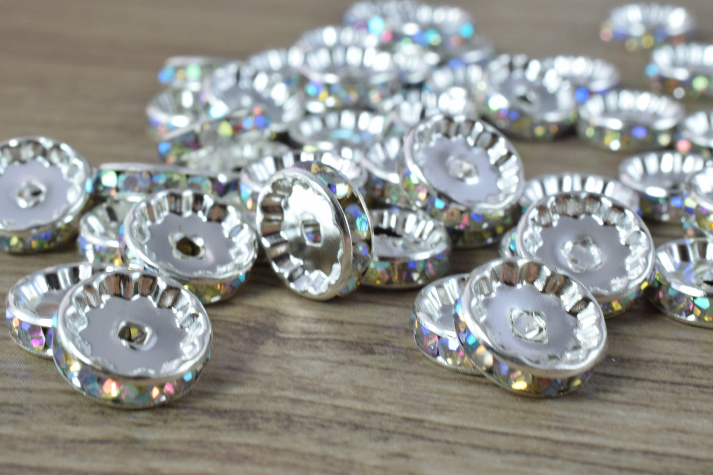 12mm Roundel AB Silver Beads with AB Clear Rhinestone,Best Quality Silver Rondelle Spacer beads Swarovski Crystal (Crystal AB)