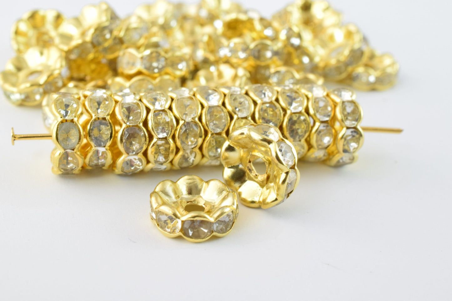 10.5mm Roundel Gold Plated Pave Beads with Clear Rhinestones,Rhinestone Spacers,Scalloped WAVY EDGE Basketball Wives