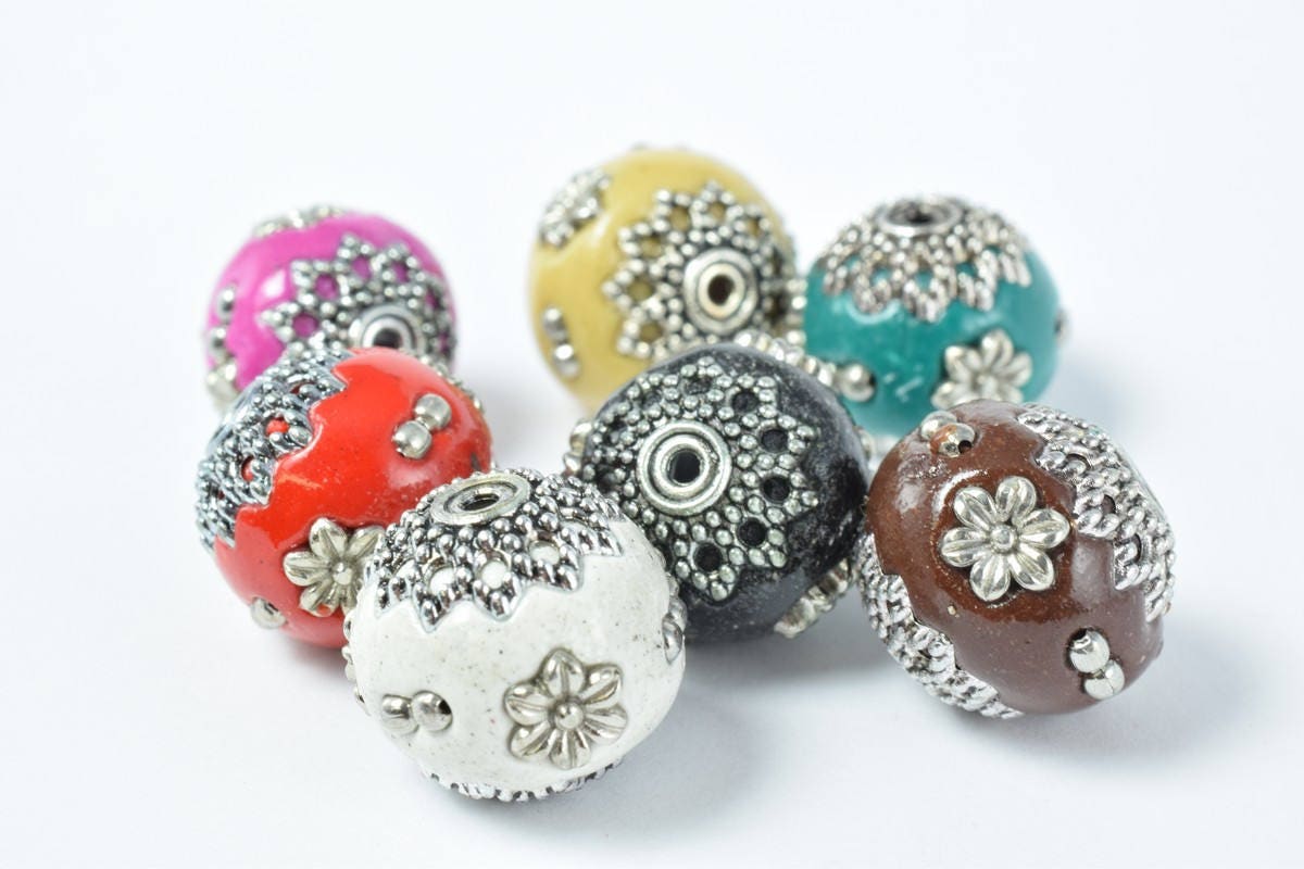 Indonesian Kashmir Clay Beads Handmade Beads 6 PCs, Bohemian Bali Style Jewelry Making Decorative Round Beads